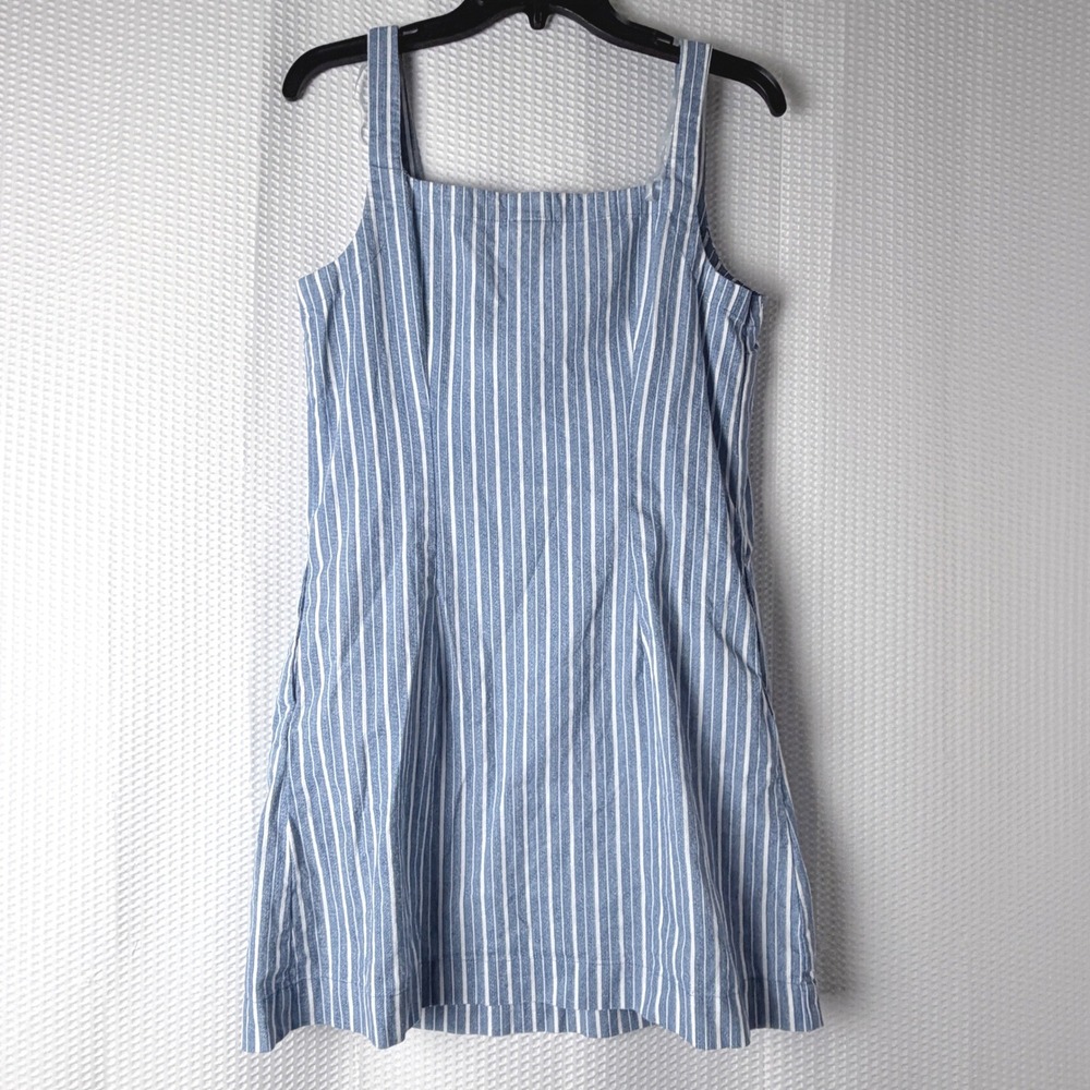 A New Day Mini Dress Women S Blue Striped Linen Blend Sleeveless Pockets Coastal - Picture 2 of 9